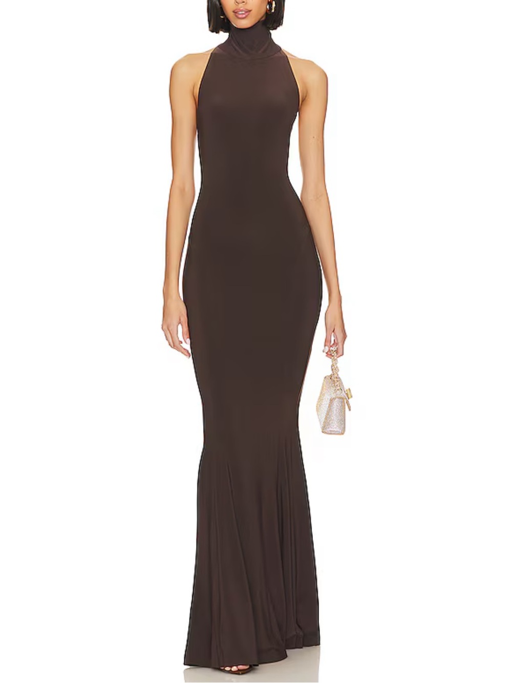 Norma Kamali Halter Turtle Fishtail Gown in Chocolate